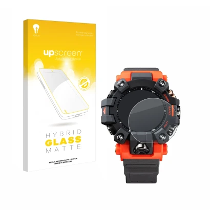 Parte frontal de un envase de producto con el logotipo de la marca upscreen. Al lado se muestra el dispositivo Casio G-Shock G