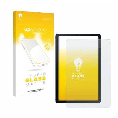 Parte frontal de un envase de producto con el logotipo de la marca upscreen. Al lado se muestra el dispositivo Samsung Galaxy 