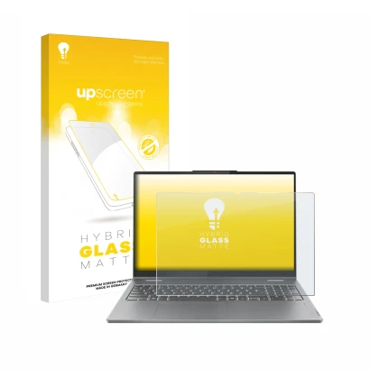 Parte frontal de un envase de producto con el logotipo de la marca upscreen. Al lado se muestra el dispositivo Lenovo IdeaPad 