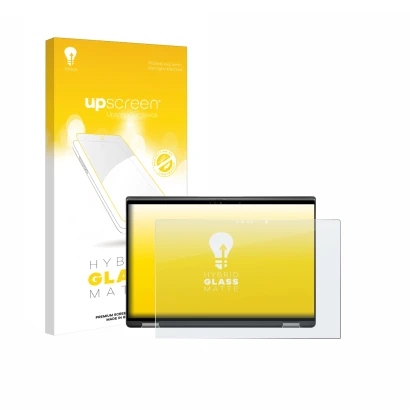 Parte frontal de un envase de producto con el logotipo de la marca upscreen. Al lado se muestra el dispositivo Dell Latitude 7