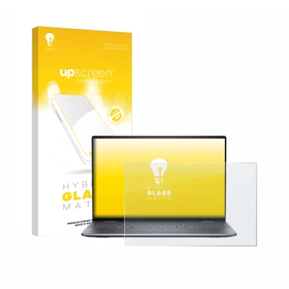 Parte frontal de un envase de producto con el logotipo de la marca upscreen. Al lado se muestra el dispositivo Dell Latitude 9