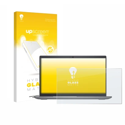 Parte frontal de un envase de producto con el logotipo de la marca upscreen. Al lado se muestra el dispositivo Dell Latitude 5