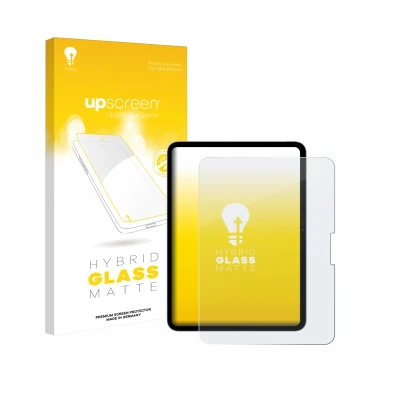 Parte frontal de un envase de producto con el logotipo de la marca upscreen. Al lado se muestra el dispositivo Apple iPad Pro 