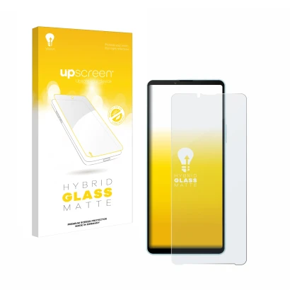 Parte frontal de un envase de producto con el logotipo de la marca upscreen. Al lado se muestra el dispositivo Sony Xperia 10 