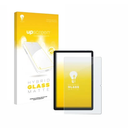 Parte frontal de un envase de producto con el logotipo de la marca upscreen. Al lado se muestra el dispositivo Blackview Tab 8