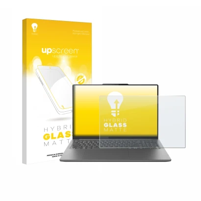 Parte frontal de un envase de producto con el logotipo de la marca upscreen. Al lado se muestra el dispositivo Lenovo Yoga Pro