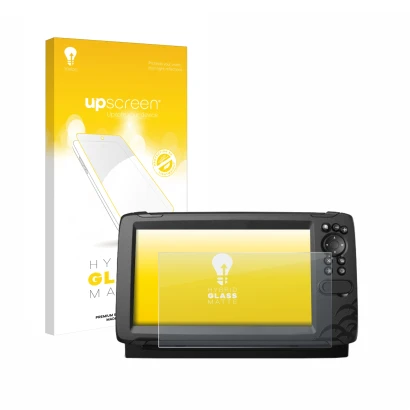 Parte frontal de un envase de producto con el logotipo de la marca upscreen. Al lado se muestra el dispositivo Lowrance HOOK R