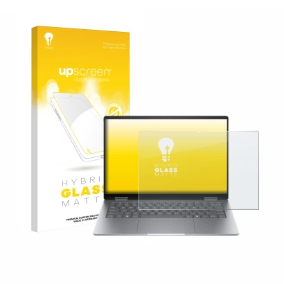 Parte frontal de un envase de producto con el logotipo de la marca upscreen. Al lado se muestra el dispositivo HP Envy x360 14