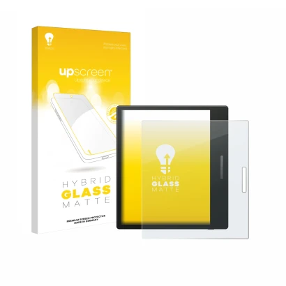 Parte frontal de un envase de producto con el logotipo de la marca upscreen. Al lado se muestra el dispositivo Boox Go Color 7