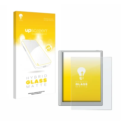 Parte frontal de un envase de producto con el logotipo de la marca upscreen. Al lado se muestra el dispositivo Boox Go 10.3 co