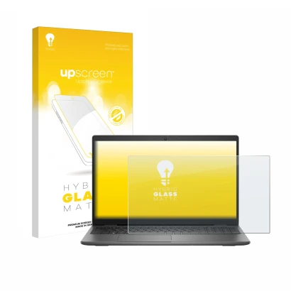 Parte frontal de un envase de producto con el logotipo de la marca upscreen. Al lado se muestra el dispositivo Dell Latitude 1