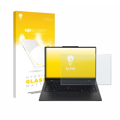 Parte frontal de un envase de producto con el logotipo de la marca upscreen. Al lado se muestra el dispositivo Lenovo ThinkPad