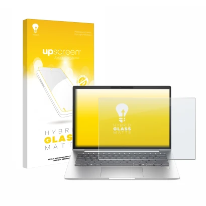 Parte frontal de un envase de producto con el logotipo de la marca upscreen. Al lado se muestra el dispositivo HP EliteBook 64