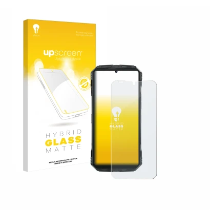 Parte frontal de un envase de producto con el logotipo de la marca upscreen. Al lado se muestra el dispositivo Doogee S Punk c