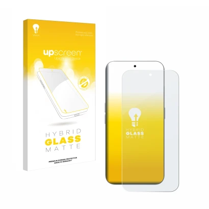 Parte frontal de un envase de producto con el logotipo de la marca upscreen. Al lado se muestra el dispositivo Nothing Phone (