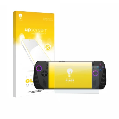 Parte frontal de un envase de producto con el logotipo de la marca upscreen. Al lado se muestra el dispositivo ASUS ROG Ally X