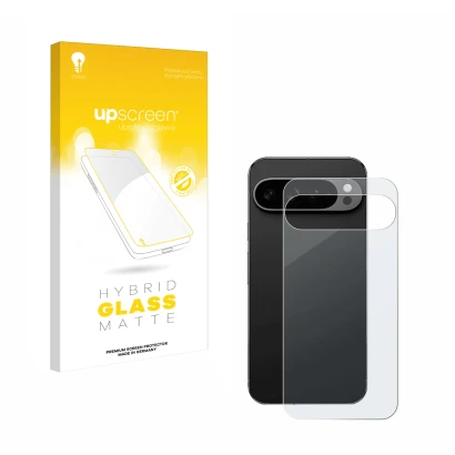 Parte frontal de un envase de producto con el logotipo de la marca upscreen. Al lado se muestra el dispositivo Google Pixel 9 