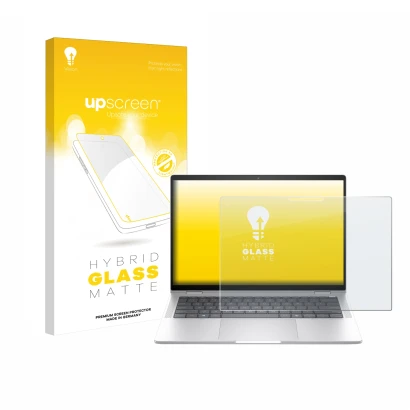 Parte frontal de un envase de producto con el logotipo de la marca upscreen. Al lado se muestra el dispositivo HP EliteBook x3