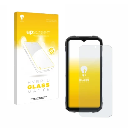 Parte frontal de un envase de producto con el logotipo de la marca upscreen. Al lado se muestra el dispositivo Hotwav Hyper 7 