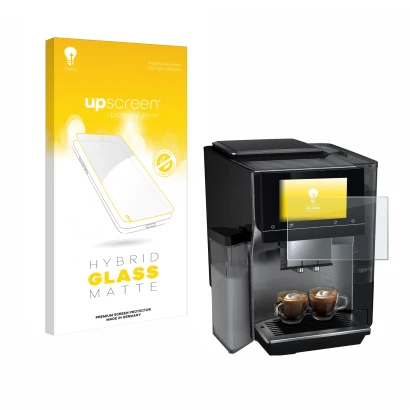 Parte frontal de un envase de producto con el logotipo de la marca upscreen. Al lado se muestra el dispositivo Siemens EQ700 c