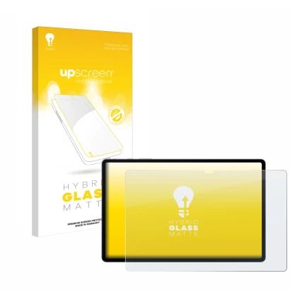 Parte frontal de un envase de producto con el logotipo de la marca upscreen. Al lado se muestra el dispositivo Samsung Galaxy 