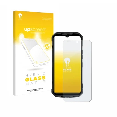 Parte frontal de un envase de producto con el logotipo de la marca upscreen. Al lado se muestra el dispositivo Doogee V Max Pl