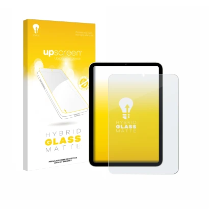 Parte frontal de un envase de producto con el logotipo de la marca upscreen. Al lado se muestra el dispositivo Apple iPad Mini