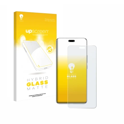 Parte frontal de un envase de producto con el logotipo de la marca upscreen. Al lado se muestra el dispositivo Huawei Nova 13 