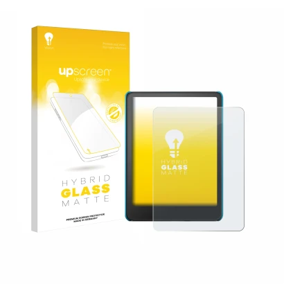 Parte frontal de un envase de producto con el logotipo de la marca upscreen. Al lado se muestra el dispositivo Amazon Kindle P