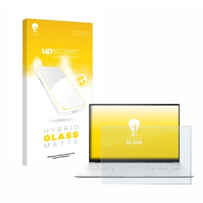 Parte frontal de un envase de producto con el logotipo de la marca upscreen. Al lado se muestra el dispositivo ASUS ZenBook S 