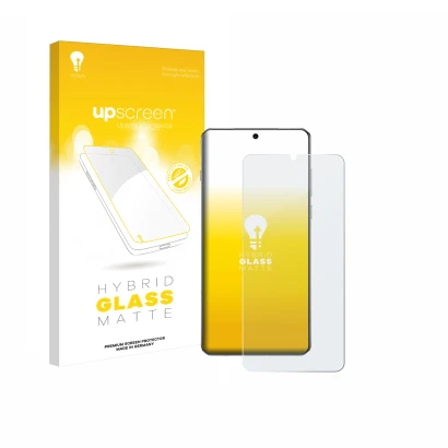 Parte frontal de un envase de producto con el logotipo de la marca upscreen. Al lado se muestra el dispositivo OnePlus 13 con 