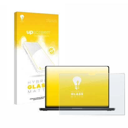 Parte frontal de un envase de producto con el logotipo de la marca upscreen. Al lado se muestra el dispositivo Apple MacBook P