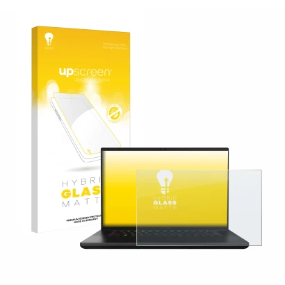 Parte frontal de un envase de producto con el logotipo de la marca upscreen. Al lado se muestra el dispositivo Razer Blade 16 