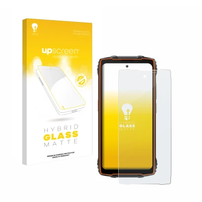 Parte frontal de un envase de producto con el logotipo de la marca upscreen. Al lado se muestra el dispositivo Blackview BV820