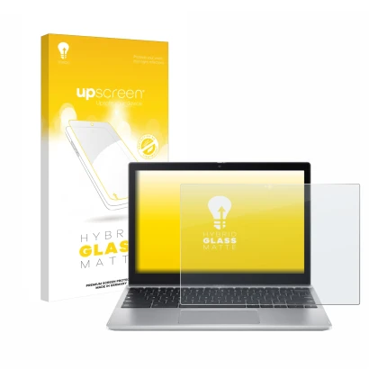 Parte frontal de un envase de producto con el logotipo de la marca upscreen. Al lado se muestra el dispositivo Acer Chromebook