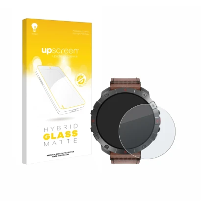 Parte frontal de un envase de producto con el logotipo de la marca upscreen. Al lado se muestra el dispositivo Polar Grit X2 P