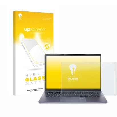 Parte frontal de un envase de producto con el logotipo de la marca upscreen. Al lado se muestra el dispositivo Acer Swift Go 1