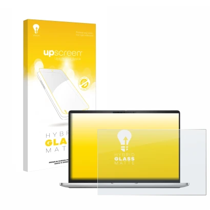 Parte frontal de un envase de producto con el logotipo de la marca upscreen. Al lado se muestra el dispositivo Dell Pro 16 Plu