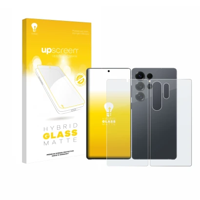 Parte frontal de un envase de producto con el logotipo de la marca upscreen. Al lado se muestra el dispositivo Samsung Galaxy 