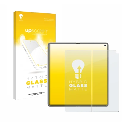 Parte frontal de un envase de producto con el logotipo de la marca upscreen. Al lado se muestra el dispositivo Huawei Mate X6 