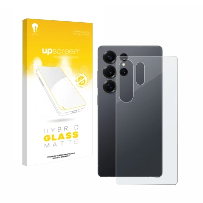 Parte frontal de un envase de producto con el logotipo de la marca upscreen. Al lado se muestra el dispositivo Samsung Galaxy 