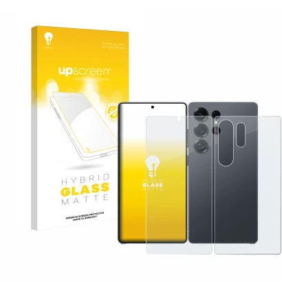 Parte frontal de un envase de producto con el logotipo de la marca upscreen. Al lado se muestra el dispositivo Samsung Galaxy 