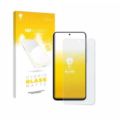 Parte frontal de un envase de producto con el logotipo de la marca upscreen. Al lado se muestra el dispositivo Samsung Galaxy 