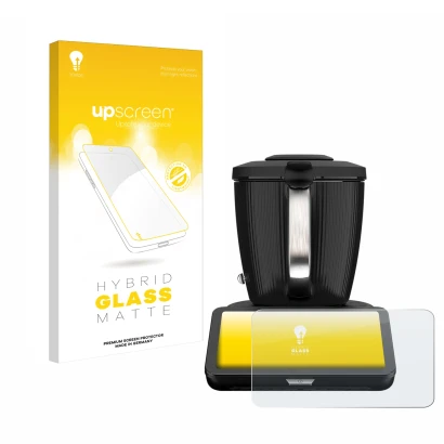 Parte frontal de un envase de producto con el logotipo de la marca upscreen. Al lado se muestra el dispositivo Vorwerk Thermom