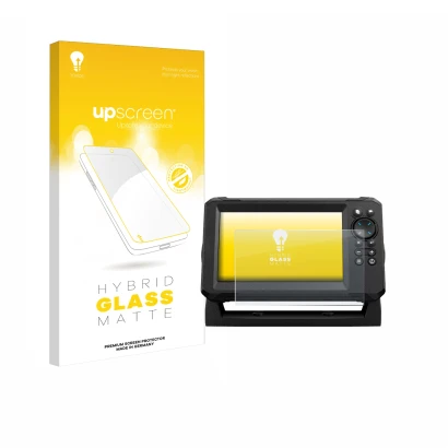 Parte frontal de un envase de producto con el logotipo de la marca upscreen. Al lado se muestra el dispositivo Lowrance Eagle 