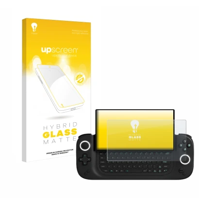 Parte frontal de un envase de producto con el logotipo de la marca upscreen. Al lado se muestra el dispositivo Antec Core HS c