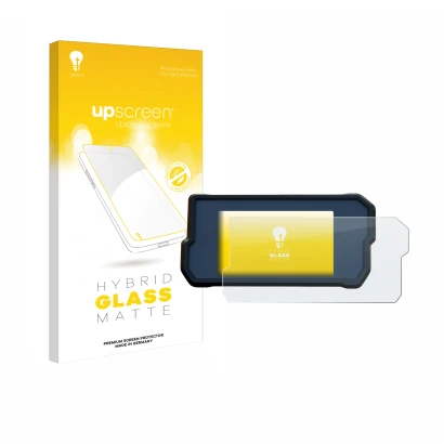 Parte frontal de un envase de producto con el logotipo de la marca upscreen. Al lado se muestra el dispositivo KTM 390 / 890 A