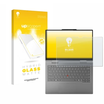 Parte frontal de un envase de producto con el logotipo de la marca upscreen. Al lado se muestra el dispositivo Lenovo ThinkPad