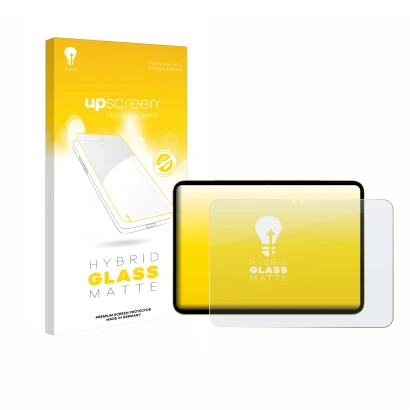 Parte frontal de un envase de producto con el logotipo de la marca upscreen. Al lado se muestra el dispositivo Apple iPad Air 