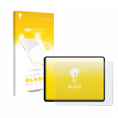 Parte frontal de un envase de producto con el logotipo de la marca upscreen. Al lado se muestra el dispositivo Apple iPad Air 